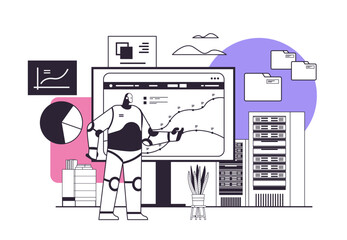 Poster - robot monitoring financial statistics data monitor robotic character analyzing graphs and charts art