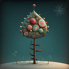 Gorgeous christmas tree with colorful decorations and a red ball on top planted on the exterior