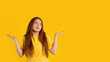 Confused pretty woman, shoulders up - can't help, makes gesture of I dont know. Difficult question, guilty reaction, puzzled stylish woman on yellow background.