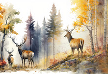 Digital Watercolor Painting European Forest In Autumn With Trees And Wildflowers With Deer In A Landscape - 2