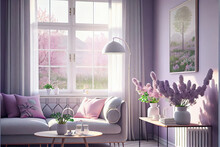 Beautiful Luxury Pastel Purple Interior With Spring Time Flower Decoration