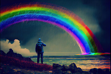 Wall Mural - hiking man and rainbow