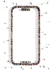 Crowd of people gathered together in the shape of a smartphone symbol, top view, space for message, isolated on white background	