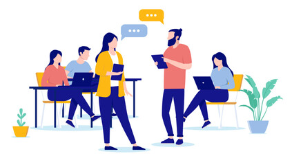 Poster - Office dialogue - People at work talking and discussing while working. Job communication concept, flat design vector illustration with white background