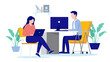 © Knut - Working in office - Man and woman sitting with computers at desk doing work. Flat design vector illustration with white background