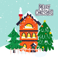 Wall Mural - Winter Merry Christmas House. Vector Illustration of Greeting Card.