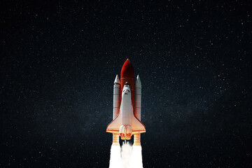 Poster - New space shuttle rocket with blast successfully takes off into the night starry sky. Spaceship launched into outer deep space with stars
