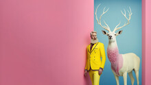 Fashionably Young Urban Hipster Man In Trendy Yellow Suit With White Reindeer On Pastel Pink Background. Elegant Minimal Illustration. Generative AI.