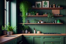 Green Kitchen Interior With Furniture. Stylish Cuisine With Flowers In Vase. Wooden Kitchen In Spring Decor. Cozy Home Decor. Generative AI Illustration