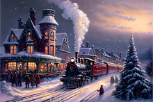Christmas Village, The Train Chugs Along The Snowy Tracks