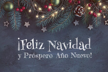 Christmas Background With Fir Twigs, Red Berries, Cones And Garland With Xmas Lights On Dark Abstract Background. Feliz Navidad Means Merry Christmas In Spanish Language.