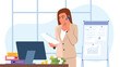 © MVshop - Vector illustration of banker. Cartoon scene with a girl who speaks on the phone and collects reports on the growth of the exchange rate on white background.