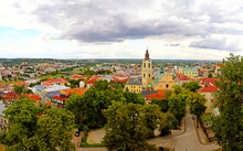 Panoramic Skyline Aerial View Of Przemysl City, Subcarpathian (Podkarpackie) Voivodeship, Poland. Przemysl Cathedral With Old Town And San River On Background