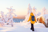 Fototapeta Do pokoju - Young woman in winter forest in Finland