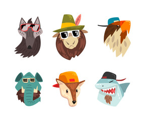 Wall Mural - Cute Animal Heads Wearing Stylish Headgears and Sunglasses Vector Set