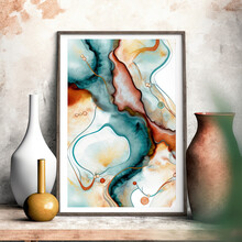 Abstract Watercolor Background With Teals, Rust, Gold Colors. Framed Mockup Of Image With Vases On A Table