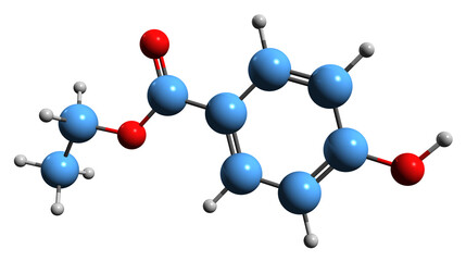 Sticker -  3D image of Ethylparaben skeletal formula - molecular chemical structure of Ethyl 4-hydroxybenzoate isolated on white background