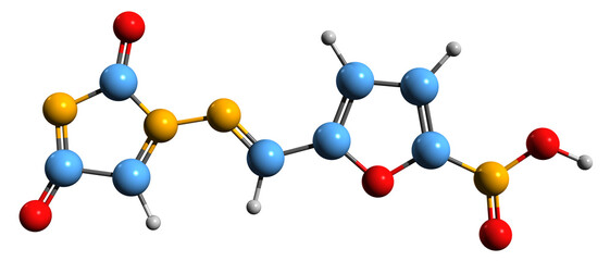 Poster -  3D image of Nitrofurantoin skeletal formula - molecular chemical structure of  antibacterial medication isolated on white background