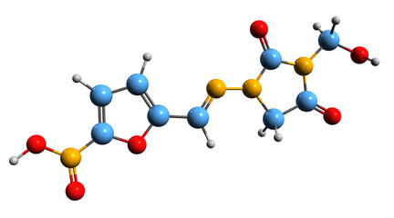 Poster -  3D image ofNifurtoinol skeletal formula - molecular chemical structure of Nitrofuran antimicrobial isolated on white background
