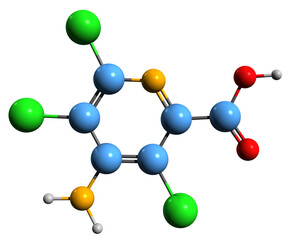 Poster -  3D image of Picloram skeletal formula - molecular chemical structure of Herbicide isolated on white background
