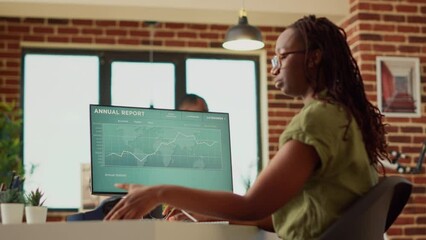 Poster - accounting manager analyzing financial data report on diagrams, using online corporate statistics to