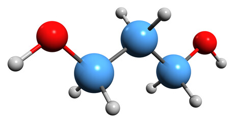 Canvas Print -  3D image of Propanediol skeletal formula - molecular chemical structure of Trimethylene glycol isolated on white background
