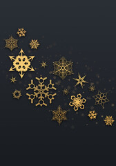 Wall Mural - Greeting card design with glowing golden snowflakes on dark anthracite background. Winter holidays banner, celebrations poster template