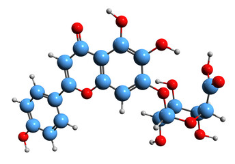 Poster -  3D image of Scutellarin skeletal formula - molecular chemical structure of Scutellaria flavone isolated on white background