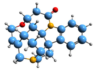 Wall Mural -  3D image of Strychnine skeletal formula - molecular chemical structure of highly toxic alkaloid isolated on white background
