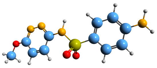 Poster -  3D image of Sulfamethoxypyridazine skeletal formula - molecular chemical structure of sulfonamide isolated on white background
