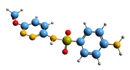 Canvas Print -  3D image of Sulfamethoxypyridazine skeletal formula - molecular chemical structure of sulfonamide isolated on white background
