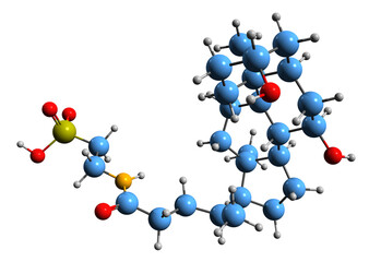 Poster -  3D image of Taurochenodeoxycholic acid skeletal formula - molecular chemical structure of  bile acid 12-Deoxycholyltaurine isolated on white background