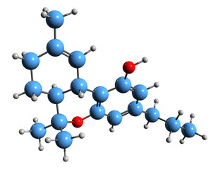 Poster -  3D image of Tetrahydrocannabivarin skeletal formula - molecular chemical structure of homologue of tetrahydrocannabinol isolated on white background