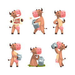 Poster - Cute Milk Cow with Udder Drinking Milk from Bucket and Carrying Can Vector Set