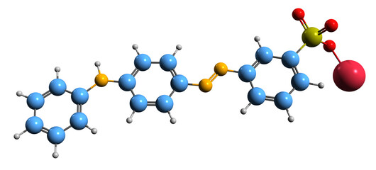 Poster -  3D image of Tropaeolin G skeletal formula - molecular chemical structure of Acid Yellow 36 isolated on white background
