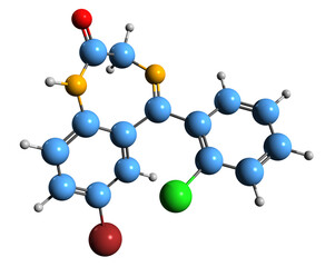 Poster -  3D image of Phenazepam skeletal formula - molecular chemical structure of bromdihydrochlorphenylbenzodiazepine isolated on white background
