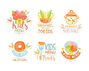 Wall Mural - Kids Natural Menu and Organic Food Logo Original Design with Colorful Elements Vector Set