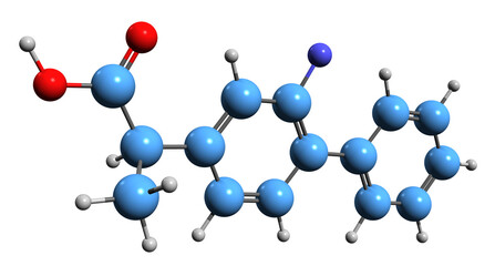 Poster -  3D image of Flurbiprofen skeletal formula - molecular chemical structure of nonsteroidal anti-inflammatory drug isolated on white background
