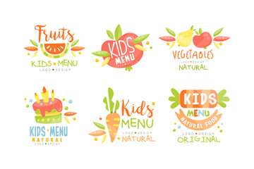 Poster - Kids Natural Menu and Organic Food Logo Original Design with Colorful Elements Vector Set