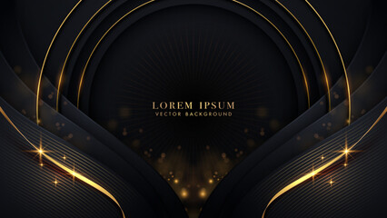Wall Mural - Luxury golden circle ring glowing with gold ribbon, glitter light effect and bokeh decoration on black background
