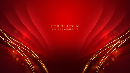 Luxury gold line, red curve, shiny dots effect and bokeh decoration on red background. Elegant style vector design concept