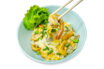 Wall Mural - Top view of Stir fried Rice Noodles with shrimp, focus selective