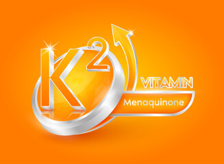 Wall Mural - Vitamin K2 in circle shape orange with arrow. Used for designing dietary supplements or beauty products. Medical concepts. Isolated 3d icon. Vector EPS10 illustration.