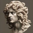 Image featuring a white marble bust of Medusa, otherwise known as Gorgo, a mythological monster slain by the hero Perseus in ancient Greek mythology.