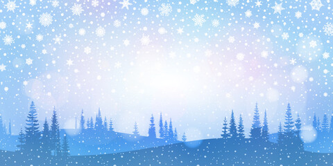Wall Mural - winter landscape, trees, snowfall and snowflakes, vector illustration