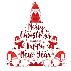 Wall Mural - Merry Christmas vector card with cute hand drawn gnomes and lettering isolated on white background. Illustration for gift tag, decoration, banner, t-shirt print, greeting card