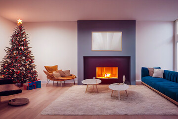 Canvas Print - Interior of bright modern living room with fireplace, chandelier and comfortable sofa decorated with Christmas tree and gifts