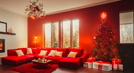 Wall Mural - Interior of bright modern living room with fireplace, chandelier and comfortable sofa decorated with Christmas tree and gifts