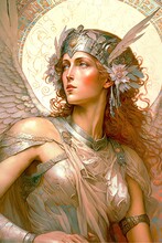Illustration Of Ai-gen Of A Golden Valkyrie In Alphonso Mucha Drawing Style