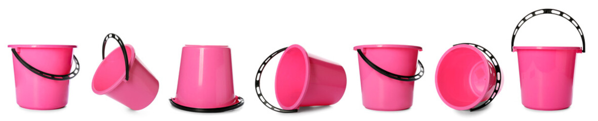 Wall Mural - Collage of pink plastic bucket on white background